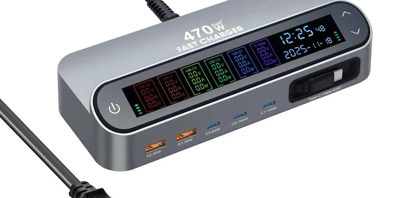 Bakeey YMX LCD 470W 6 portos GaN töltő digitális kijelzővel